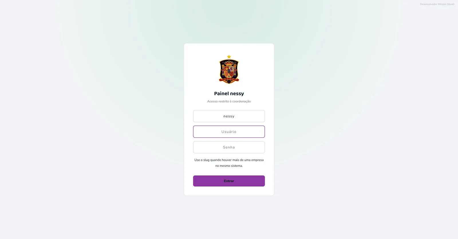 Tela de login personalizada com a identidade visual da escola de futebol