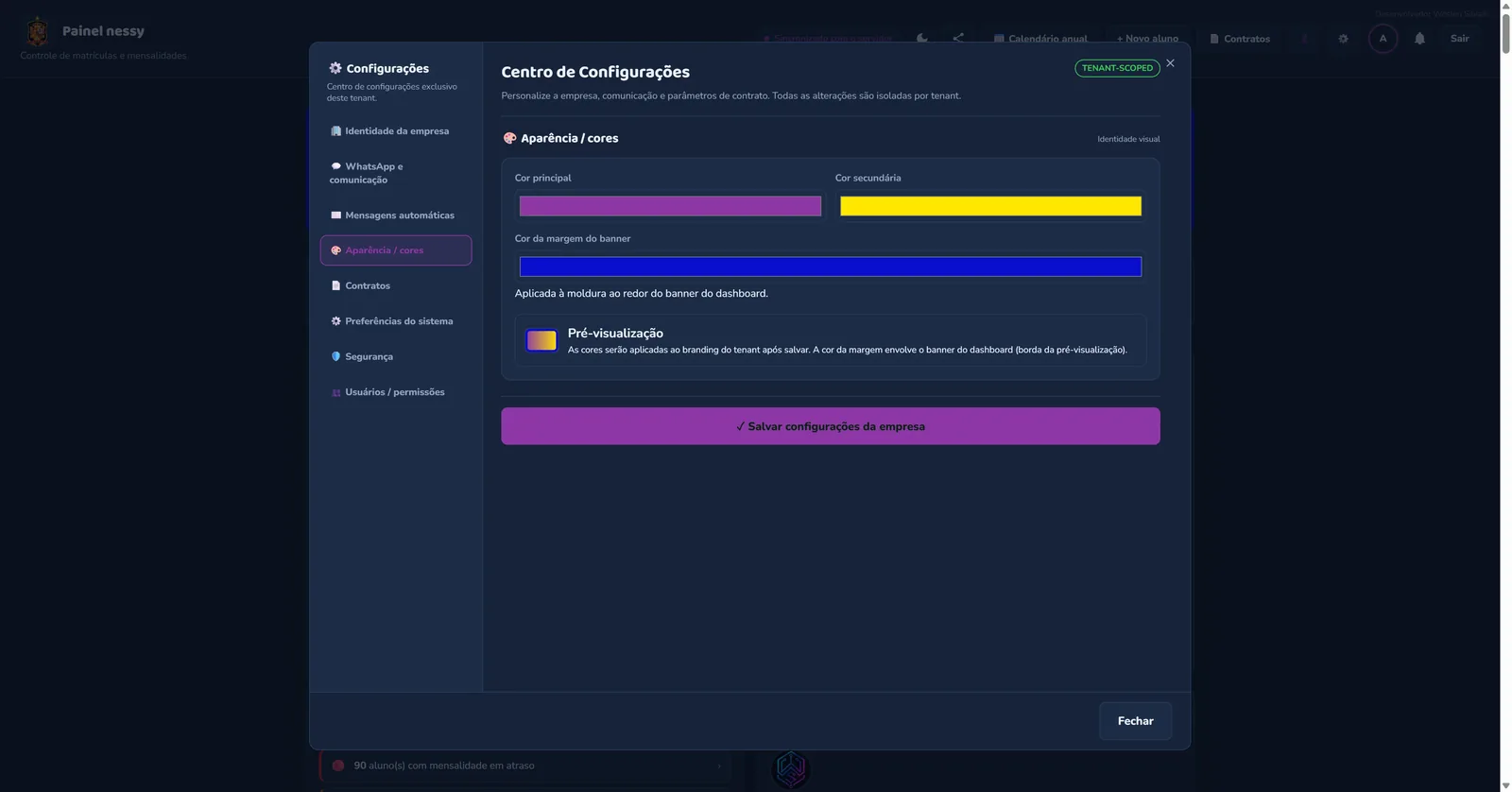 Configuração de cores e aparência do painel da escola