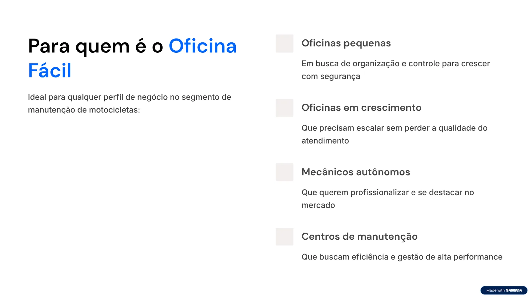 Para quem é o Oficina Fácil: oficinas pequenas, oficinas em crescimento, mecânicos autônomos e centros de manutenção