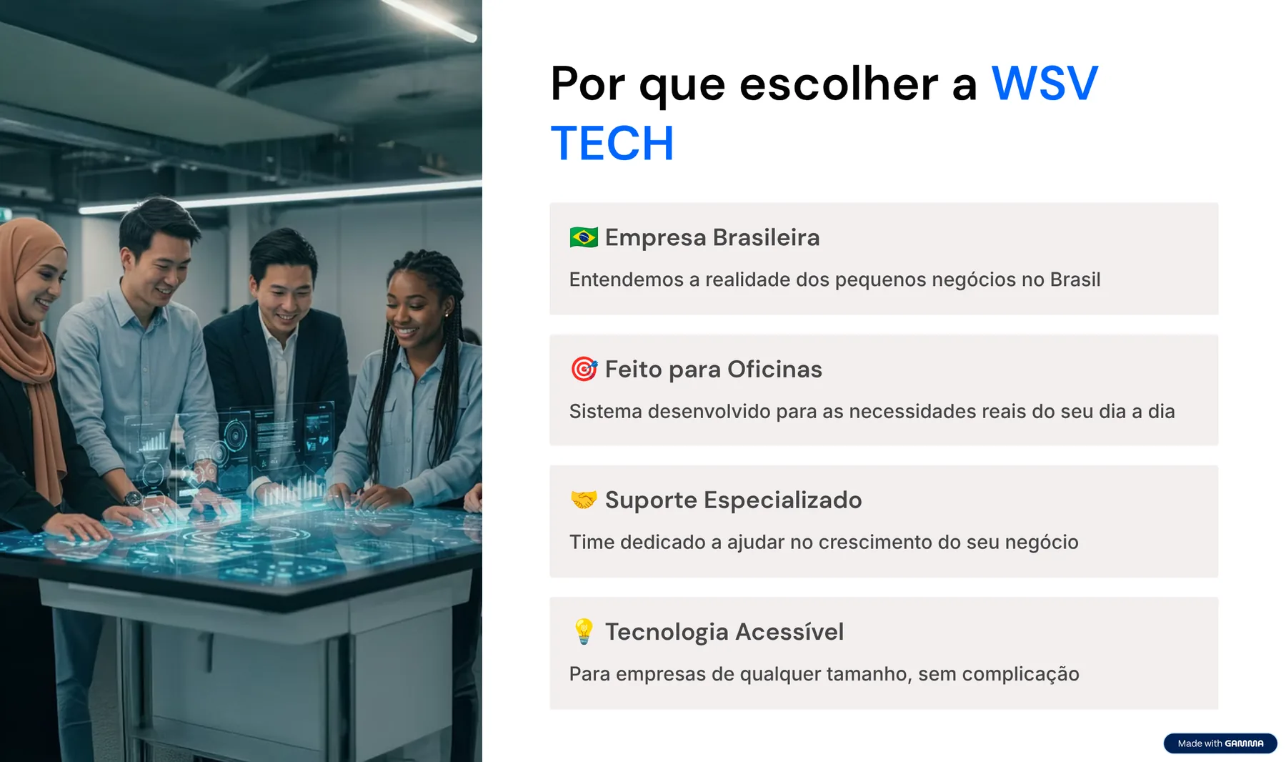 Por que escolher a WSV TECH: empresa brasileira, feito para oficinas, suporte especializado e tecnologia acessível