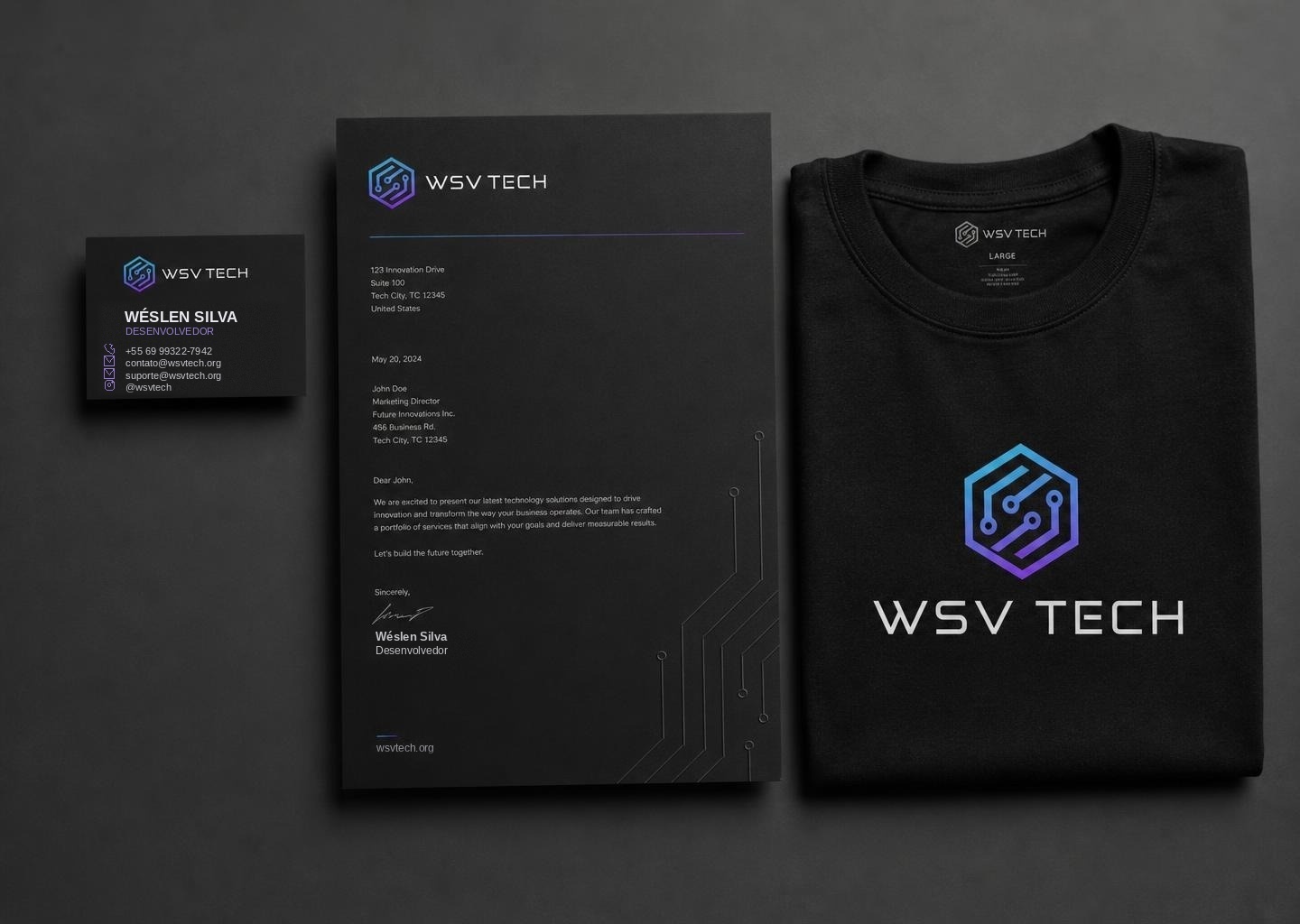 Identidade WSV TECH aplicada em materiais